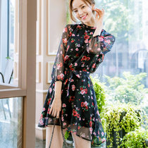 Mistletoe2017年秋季新款韩版女装修身碎花裙印花长袖雪纺连衣裙(黑色 XL)