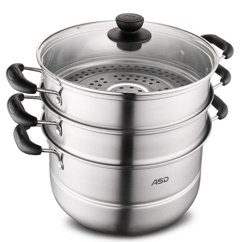 爱仕达蒸锅三层28cm不锈钢家用大号蒸锅wgns1528通磁厚底带蒸笼屉