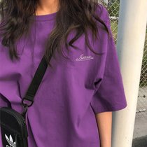 SUNTEK夏季新款小众设计感薄款上衣服别致甜酷宽松白色ins短袖T恤女装潮(M 6640-紫色)