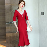 MISS LISA韩版时尚气质高腰V领中长款连衣裙修身大码裙子YWZ8117(红色 XXL)