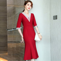 MISS LISA韩版时尚气质高腰V领中长款连衣裙修身大码裙子YWZ8117(红色 5XL)
