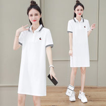 2022夏季新款少女学院风翻领黑色裙子女韩版学生短袖Polo领连衣裙(白色 XL)