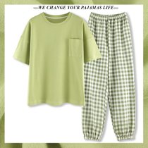 SUNTEK睡衣女夏季短袖长裤两件套装春夏纯色空调房款格子薄款家居服(浅绿色 YNE-3251女)