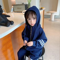 男女童网红华夫格拉链开衫休闲运动套装韩国儿童2021秋装两件套潮 藏蓝色 90cm(100cm 藏蓝色)