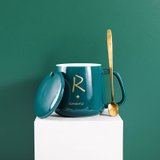 陶瓷马克杯带盖勺创意早餐杯子喝水杯男女生情侣咖啡杯办公室茶杯(新R-带盖带勺)