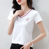 v领纯棉短袖t恤女2022年新款夏季高端女装修身上衣半袖体恤衫(白色 M)