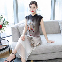 大码妈妈装连衣裙高贵洋气2021新款阔太太旗袍中年女夏装中长裙子(深灰色 L)