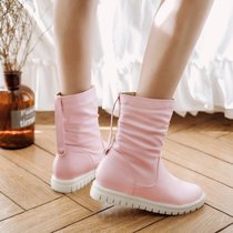2017学院风绒里厚底平底平圆头休闲套筒女士中筒靴女靴黑白粉色(39)(黑色)