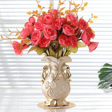 花瓶客厅插花餐桌摆件创意仿真花瓶装饰品a款花瓶2束玫红玫瑰送瓶垫