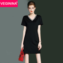 VEGININA 新款时尚V领短袖气质显瘦简约宽松淑女连衣裙 9810(黑色 XL)