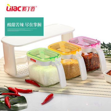 紫丁香玻璃方形调味盒厨房防潮调料盒双层调料罐创意调味瓶罐套装盐罐(调味盒340ML*3套装JA360)