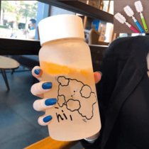 磨砂塑料水杯ins学生韩版可爱高颜值男女便携手提家用杯子大容量(防摔磨砂HI熊+杯刷)