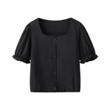 艾米恋衬衫女2021年夏季新款短款方领泡泡袖短袖上衣薄款黑色衬衣(黑色 S)