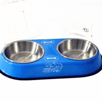 狗碗包邮宠物不锈钢双碗狗食盆 猫碗猫食盆 泰迪饮水盆防滑狗饭碗(小号（10斤内） 蓝色)