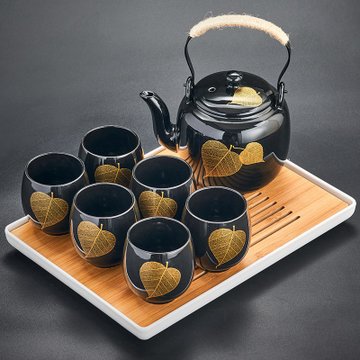 霁兰办公室泡茶壶茶杯提梁陶瓷8入霁黑提梁茶具菩提叶壶绳过滤网托盘