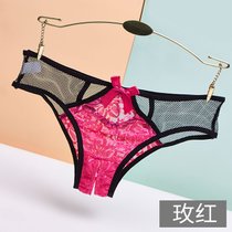 SUNTEK内裤女士低腰无痕蕾丝性感迷人镂空可爱少女蝴蝶结开裆丁字裤(均码 876玫红)