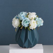 北欧陶瓷折纸花瓶莫兰迪花器仿真花艺玫瑰套装客厅玄关装饰摆件(墨蓝花瓶+蓝色12头把束玫瑰)
