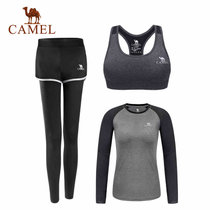 CAMEL骆驼瑜伽女款套装 微弹修身健身跑步女针织三件套 A7W1U8146(黑色 XXL)