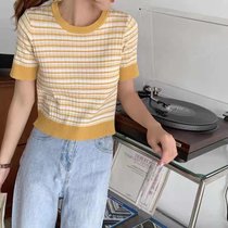 SUNTEK短袖t恤女夏2022年新修身高腰短款设计感小众上衣紫色条纹针织衫(S 黄色)
