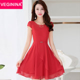 VEGININA  韩版修身气质时尚中长款短袖雪纺连衣裙 9812(红色 3XL)