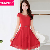 VEGININA  韩版修身气质时尚中长款短袖雪纺连衣裙 9812(红色 XXL)