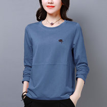 SUNTEK中年妈妈秋装洋气打底衫女大码女装新款韩版显瘦减龄长袖T恤上衣(L 100-120斤 蓝色)