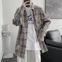 宽松格子衬衫男士外套2021秋季长袖衬衫休闲上衣韩版男装衬衣潮流(紫灰格 XL)