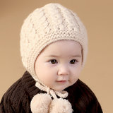 牛奶朋友宝宝冬季新生儿毛线帽儿童麻花毛线帽编织帽子护耳保暖(米色 均码0-12个月（38-46CM）)