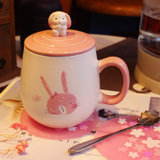 情侣水杯 陶瓷大容量水杯茶杯创意学生兔子杯子牛奶陶瓷马克杯办公室带盖(手绘兔子A款 加瓷盖 加樱花勺 加樱)