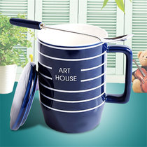 韩式陶瓷情侣水杯牛奶咖啡杯带盖带勺马克杯套装(蓝色 其他)