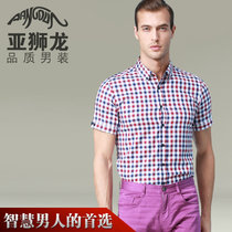 亚狮龙短袖男士休闲格子衬衫多色可选3213003红白格M码(红白小格 XL)