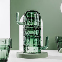 青苹果仙人掌水杯套装四件套玻璃杯ins高颜值加厚叠叠杯绿 四件套
