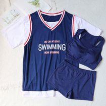 游泳衣女2021年新款时尚运动遮肚显瘦分体保守学生三件套温泉泳衣(6697（藏青色三件套） M（建议80-100斤）)
