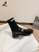 SUNTEK马丁靴女2021年新款英伦风春秋季瘦瘦单靴黑色连袜短靴子乐福女鞋(37 22260-黑色)