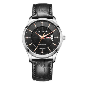海明威(hemingway)德国手表男士日历防水石英表f004(黑盘银壳玫金刻度