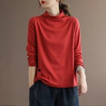 SUNTEK新款半高领长袖t恤女2022年春秋韩版纯色百搭文艺纽扣打底衫上衣(XL 红色)