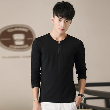 秋季新款男士v领长袖t恤男纯色青年修身上衣打底衫潮2213黑色xl