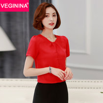 VEGININA 2017短袖纯色女装韩版大码宽松上衣雪纺衫女 9445(红色 XL)