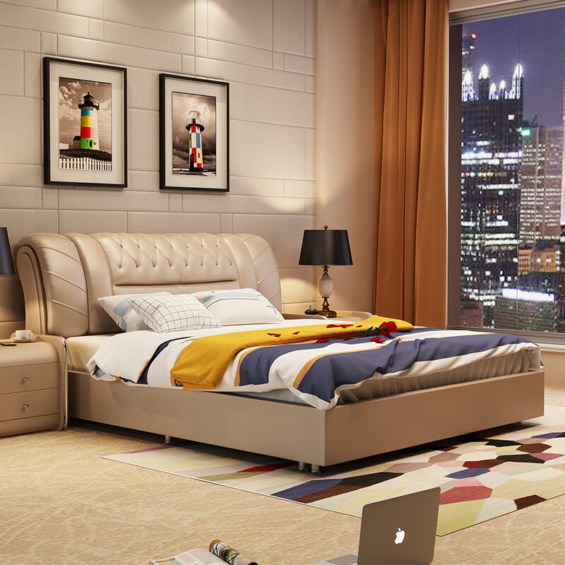 乔林曼兰 现代简约 头层牛皮 时尚皮床(卡其色 1.5×1.