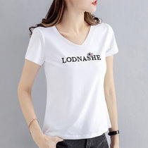 v领短袖t恤女薄款2021年新款夏季女装品牌上衣纯棉莫代尔t桖(白色 L)
