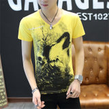左岸男装 夏季新款V领男短袖T恤韩版修身青少年个性印花半袖打底衫(黄色 M)
