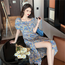 CaldiceKris （中国CK）法式初恋甜美碎花裙方领开叉连衣裙CK-F1799(蓝色)