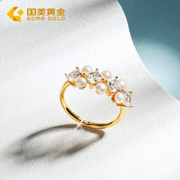真快乐黄金 925银珍珠 QUEEN系列戒指（金色双排款）2103K101