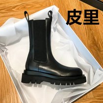 SUNTEK内增高马丁靴白色大棉中筒烟筒靴加绒切尔西靴秋冬季短靴女鞋(34 黑色中筒+单里)