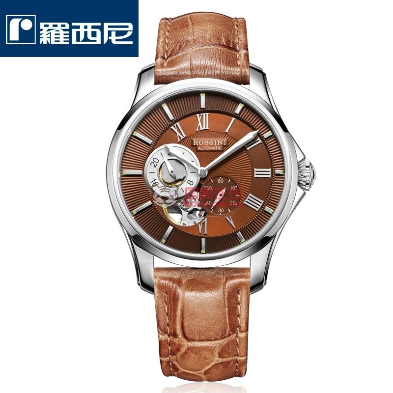 罗西尼手表皮带男士镂空腕表进口机械机芯男表5523w07d