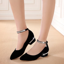 韩版小红鞋舒适少女中跟女鞋单鞋女一字式扣带水钻新娘鞋结婚鞋子(37)(黑色)