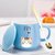 创意个性马克杯带盖勺杯子陶瓷喝水杯时尚情侣家用咖啡杯男女茶杯(蓝色猫+金属勺)