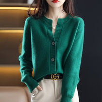 针织开衫女2022春季新款圆领宽松纯色单排扣针织衫女毛衣外套上衣1048(绿色 均码)
