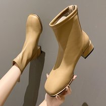 SUNTEK法式小短靴女鞋2021新款春秋马丁靴百搭单靴冬季加绒白色瘦瘦靴子(35 卡其色（单里）)