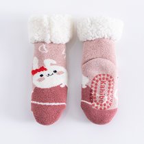 秋冬加绒加厚羊羔绒婴儿冬鞋袜厚袜子防滑保暖珊瑚绒学步地板袜(粉色兔子 M码)